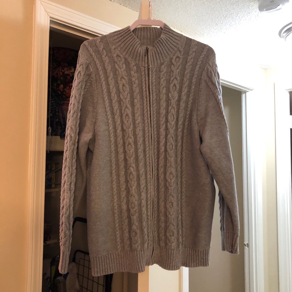 LL Bean Gray Zip-Up Cable Cardigan Sweater